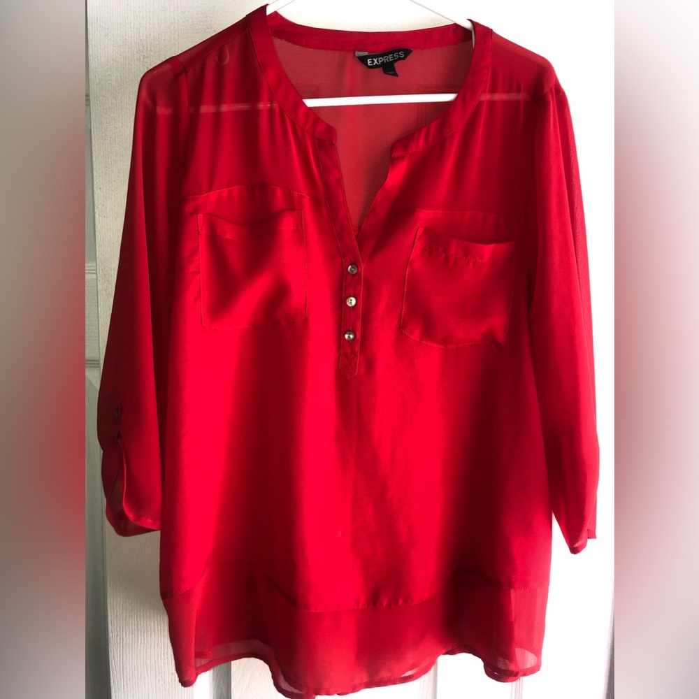 EXPRESS Red Blouse 3/4 Sleeve w button details and sheer accents, Large